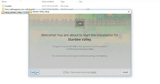 Hướng dẫn download + cài đặt game Stardew Valley Việt Hóa PC 6 Nhấn đồng ý điều khoản điều kiện rồi chọn Options