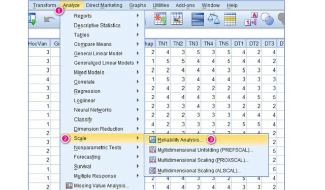Hướng dẫn cài đặt và sử dụng SPSS 25 phiên bản mới 10 Nhấn theo thứ tự Analyze >> Scale >> Reliability Analysis
