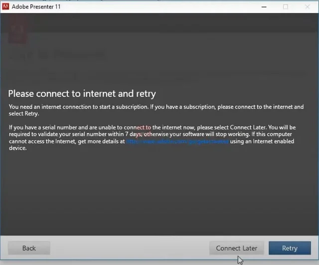 Phần mềm Adobe Presenter 11 – Hướng dẫn download, cài đặt chi tiết 5 Nhấn vào Connect Later