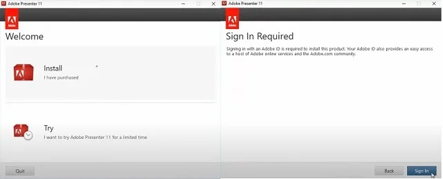 Phần mềm Adobe Presenter 11 – Hướng dẫn download, cài đặt chi tiết 4 Nhấp chọn Install và click Sign in