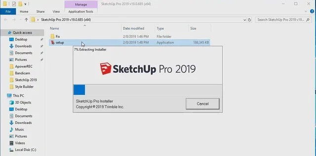 Link Tải SketchUp Pro 2019 Full Crack Mới (Google Drive) 9 Quá trình cài đặt đang tiến hành trên hệ thống