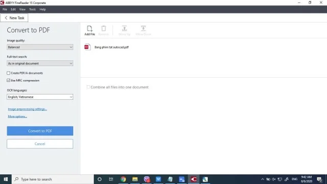 Tải và cài đặt Abbyy finereader 15 full chi tiết 10 Sau khi chọn xong tài liệu và các tính năng phù hợp nhấn Convert to PDF
