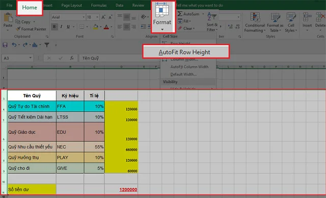 Tại Home chọn Format rồi chọn AutoFit Row Height