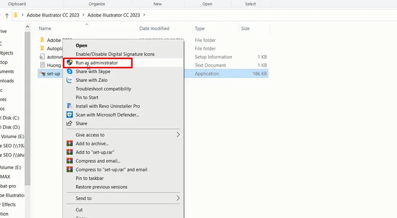 Tải và Cài đặt Adobe Illustrator 2023 Full Crack Miễn Phí - Hướng dẫn Chi Tiết 3 Bước 2: Khởi chạy phần mềm cài đặt với quyền Admin