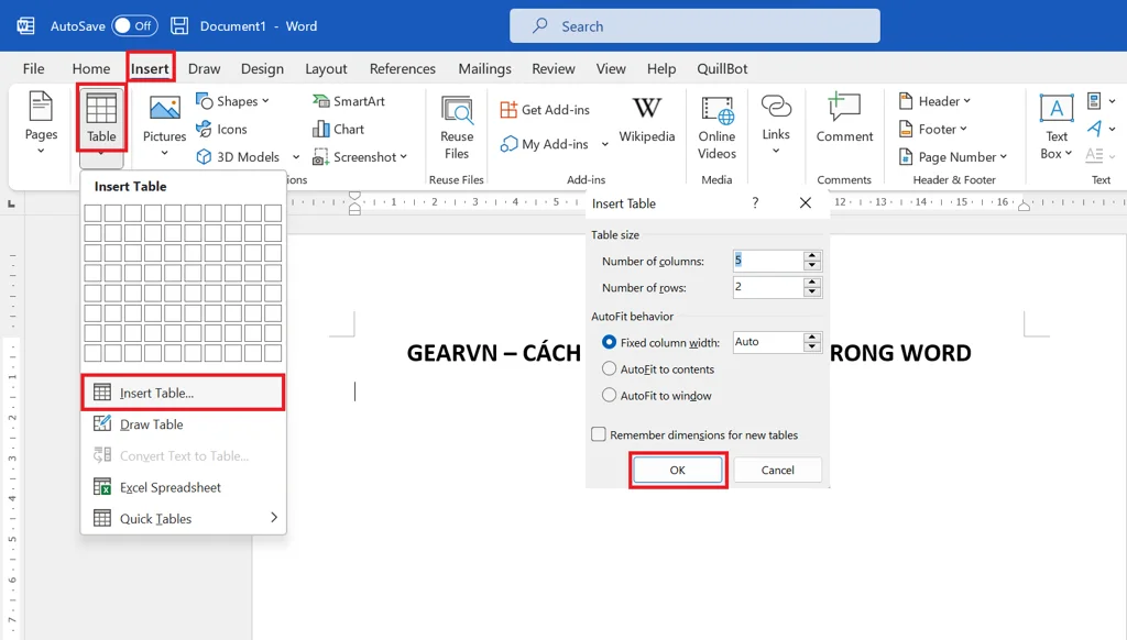 Hướng dẫn cách kẻ ô trong Word chuyên nghiệp, đơn giản 1 chọn Insert, Table