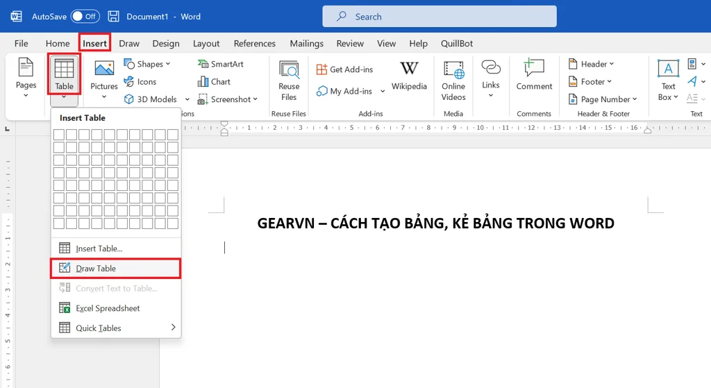 Hướng dẫn cách kẻ ô trong Word chuyên nghiệp, đơn giản 2 Chọn Insert => Draw Table