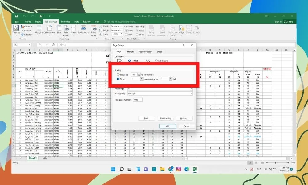 Hướng dẫn cách in Excel vừa trang giấy A4 8 Chỉnh thông số trong mục Fit to