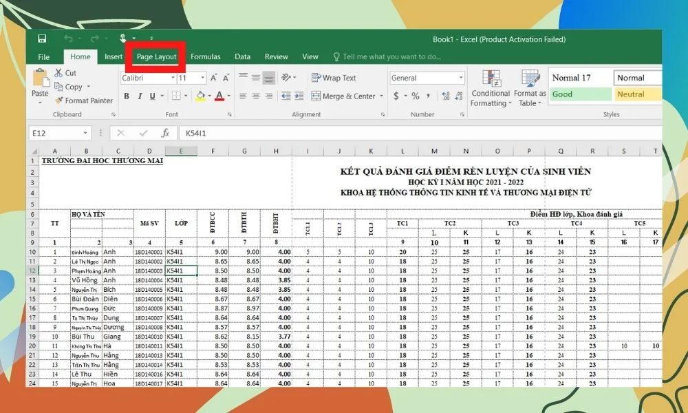 Hướng dẫn cách in Excel vừa trang giấy A4 5 Chọn mục Page Layout
