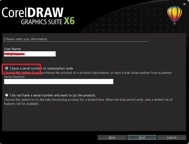 Chọn I have serial number or subscription code