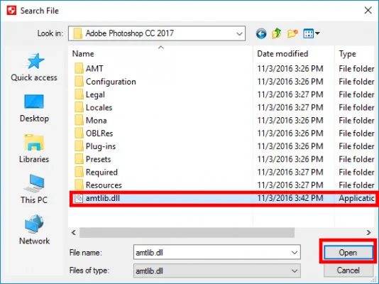 Download Adobe Photoshop CC 2017 Full - Google Drive 9 Tìm đến vào file amtlib.dll và nhấn Open
