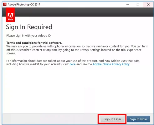 Download Adobe Photoshop CC 2017 Full - Google Drive 4 chọn Sign In Later