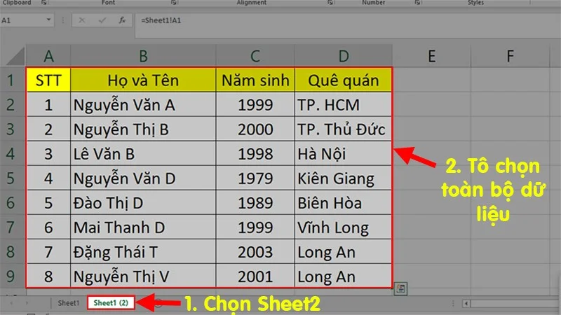 3 cách kết nối dữ liệu giữa 2 sheet trong Excel 5 Tô chọn dữ liệu cần liên kết ở Sheet1