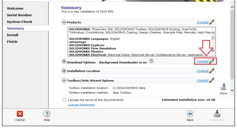 Download SolidWorks 2019 và Hướng dẫn cài đặt phần mềm từ A-Z 11 Chọn Change tại mục Download Options