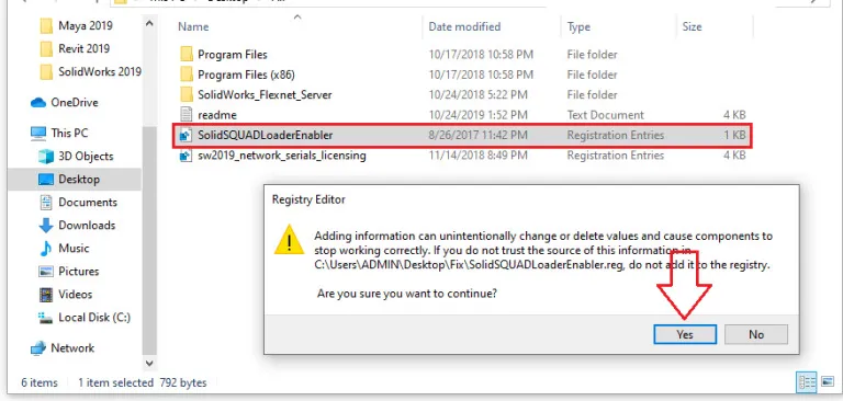 Download SolidWorks 2019 và Hướng dẫn cài đặt phần mềm từ A-Z 19 Chạy file SolidSQUAD Loader Enabler.reg
