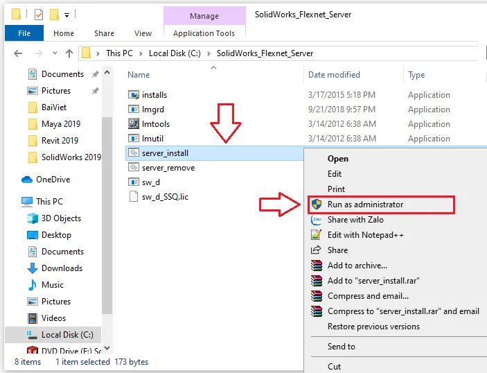 Download SolidWorks 2019 và Hướng dẫn cài đặt phần mềm từ A-Z 5 SolidWorks_Flexnet_Server vào ổ C: và chạy file server_install.bat