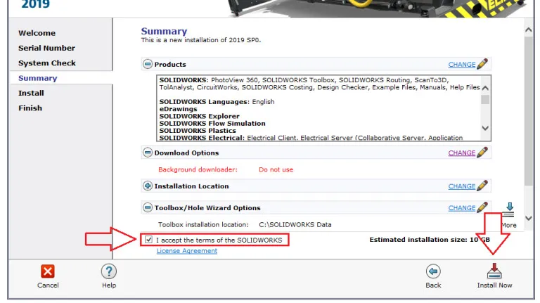 Download SolidWorks 2019 và Hướng dẫn cài đặt phần mềm từ A-Z 13 I accept sau đó chọn Install now