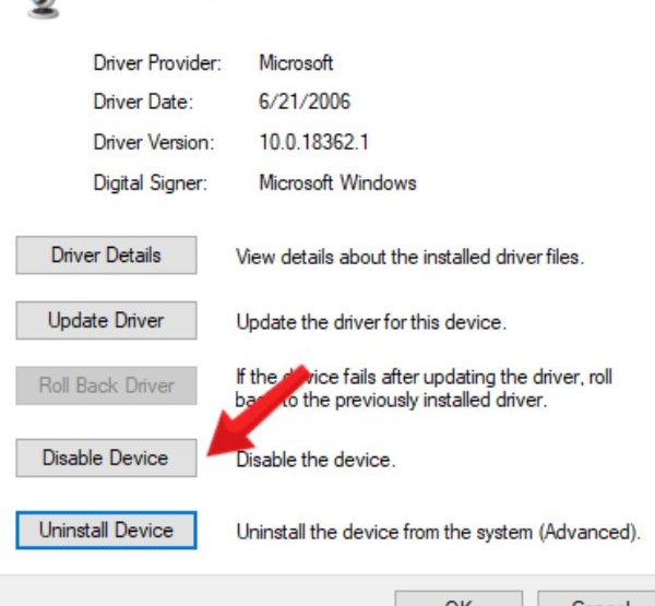 Chọn vào disable device