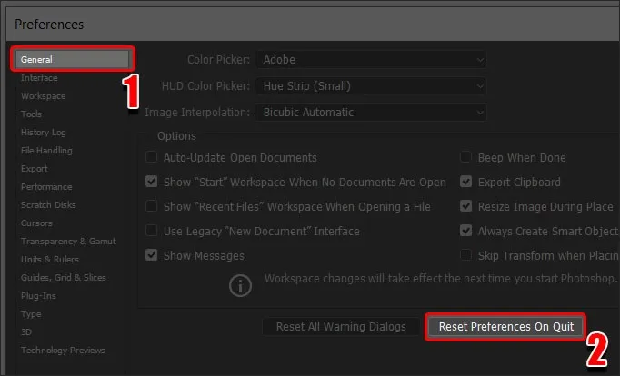 Cách reset Photoshop về mặc định trên MacOS và Windows 2 Chọn Reset Preferences On Quit