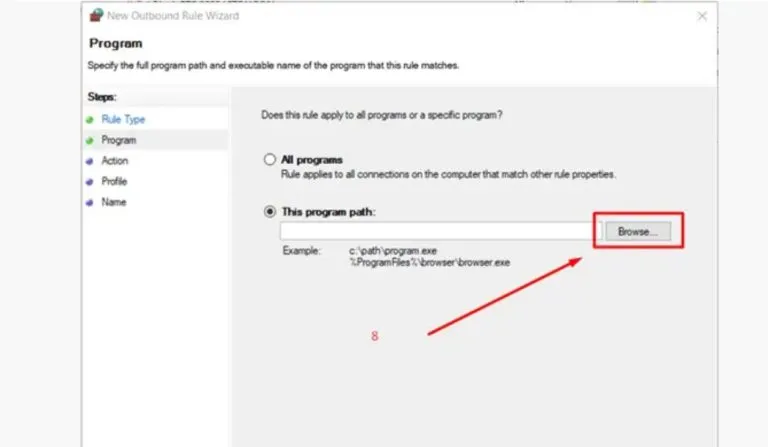 Cách để Chặn quét bản quyền adobe cho bản crack photoshop 5 Chọn "This program path" và Nhấn vào "Browse…"