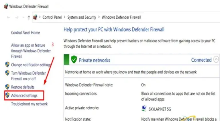 Cách để Chặn quét bản quyền adobe cho bản crack photoshop 2 Vào Advanced settings trong Windows Defender Firewall