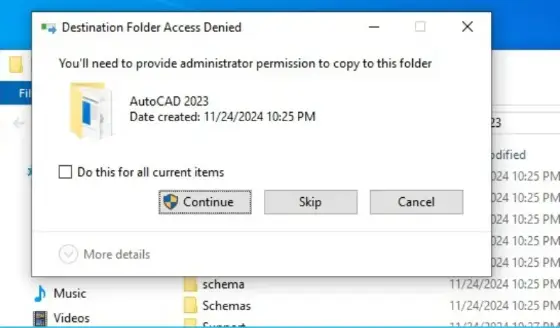Cấp quyền quản trị viên để hoàn tất thay thế tệp tin