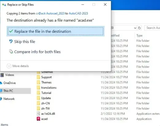 Xác nhận ghi đè tệp tin hệ thống AutoCAD 2023